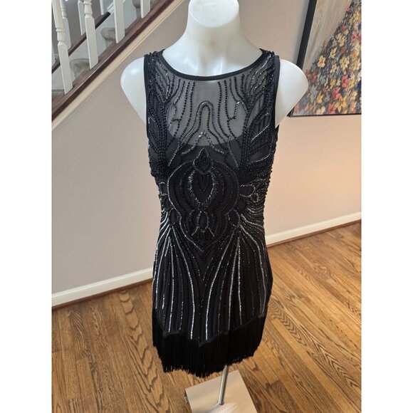 Caché Vintage Y2K Beaded Fringe Flapper Mini Dress Black Size 6 - Picture 2 of 4